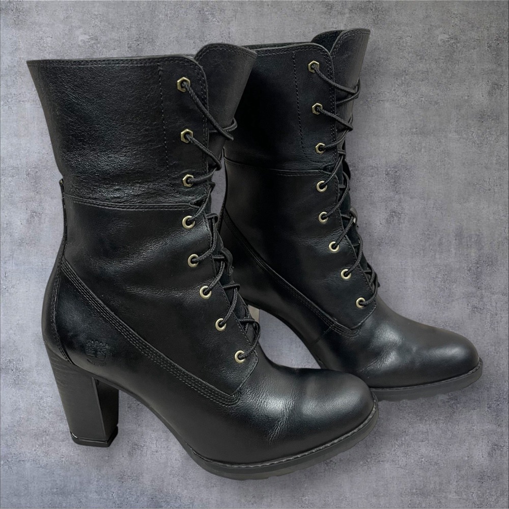 Timberland Black Leather Lace-Up Heeled Boots